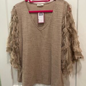 Mocha 3/4 sleeve Vneck shirt with fringe